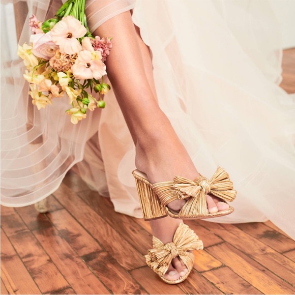$395 Loeffler Randall Emilia Penny slides mules Gold pleated knot bow 5.5 - Picture 4 of 8